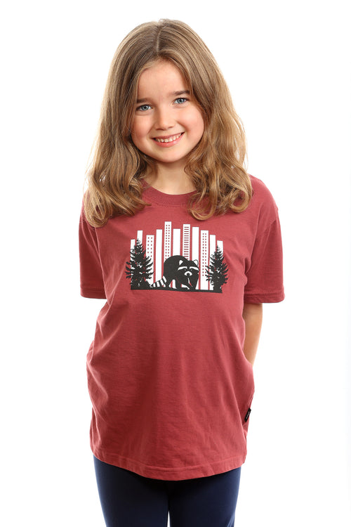 burgundy raccoon kids t-shirt