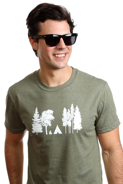 Camping T-shirt Men Father Gift Green Tee tshirts tree fire camp
