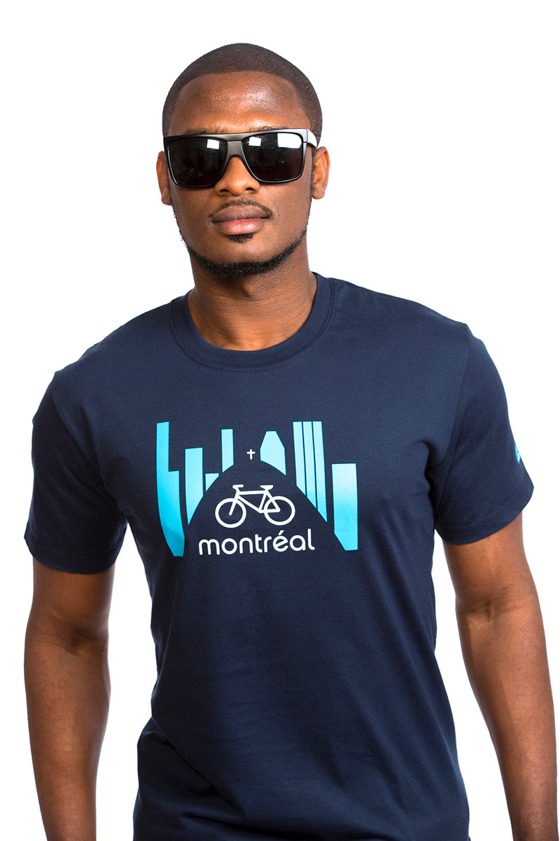 Montreal Bike T-shirt Bicycle Organic PLB Design Navy Blue Marin Bleu Velo Skyline Bici bicicleta MTL YUL