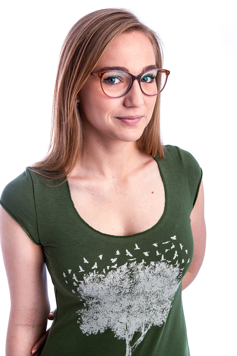 Olive Green Women T-shirt Tree of Life Brids Arbre Oiseaux