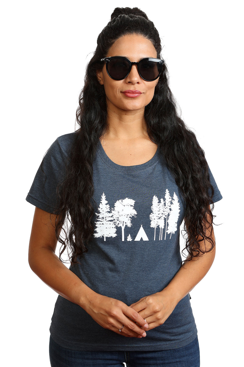 Camping T-shirt Women Mother Gift Blue Tee tshirts tree fire camp