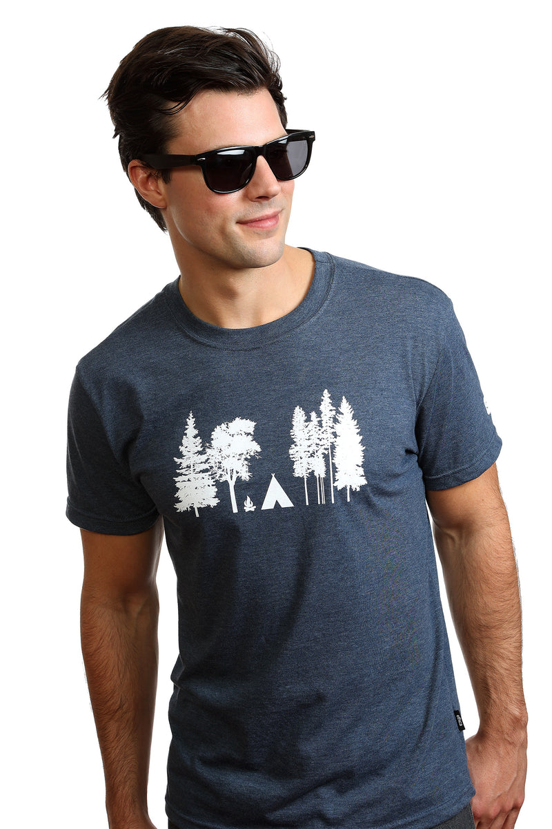 Camping T-shirt Men Father Gift Blue Tee tshirts tree fire camp 
