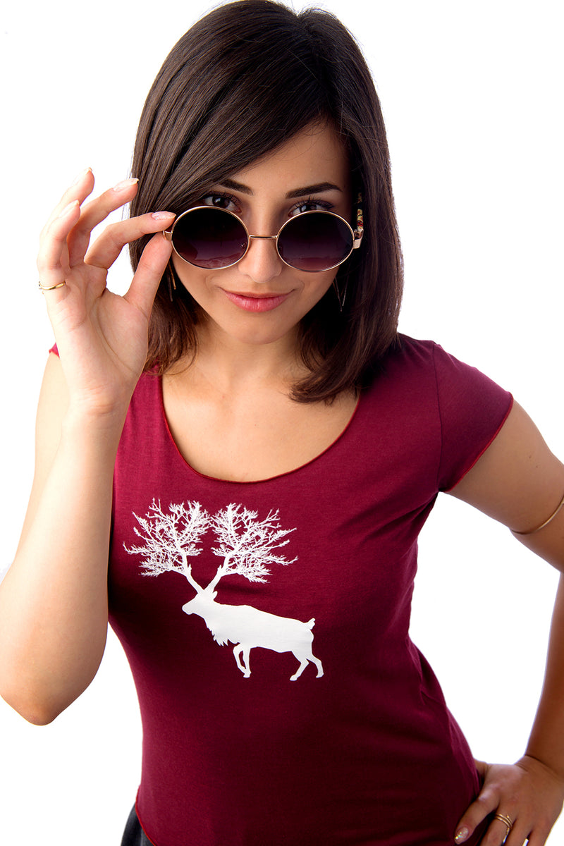 Women’s Bamboo Caribou T-shirt- Burgundy Bourgogne Femmes