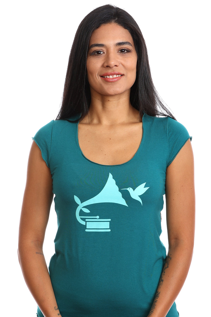 Kolibri- und Grammophon-T-Shirt für Frauen – Bambus