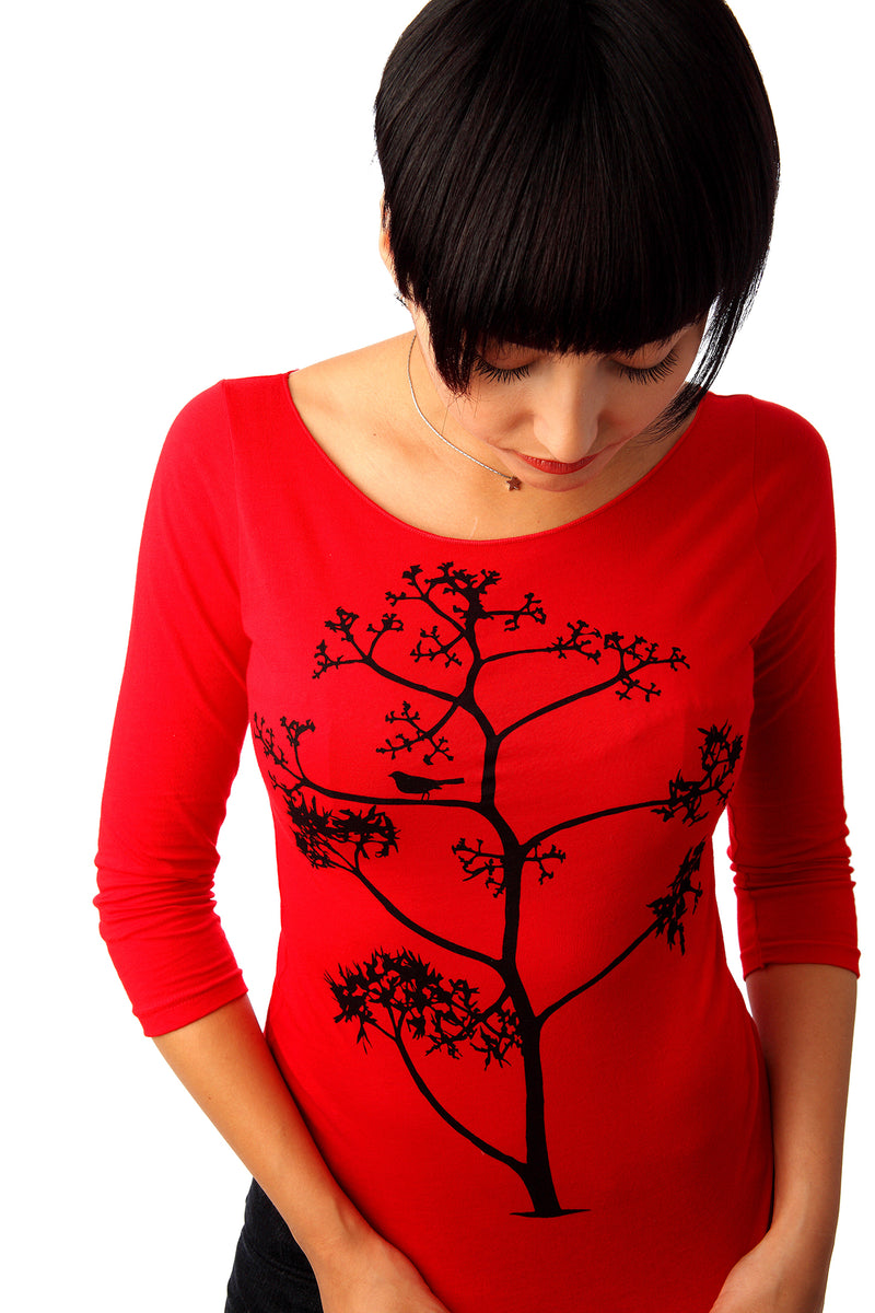Women’s Bird & Tree — 3/4 Sleeve T-shirt — Bamboo