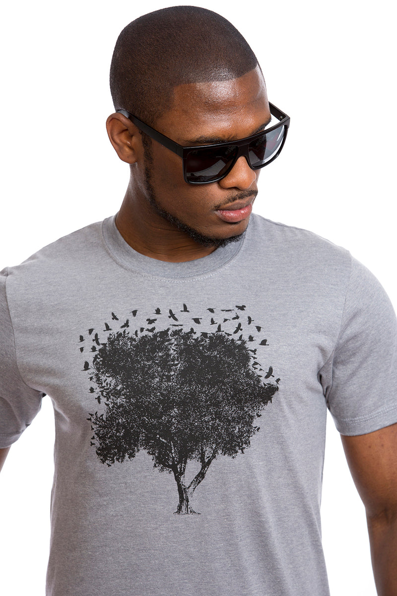 Tree of Life T-shirt Arbre de la vie Organic Birds Oiseaux Gray Black Eco Tees