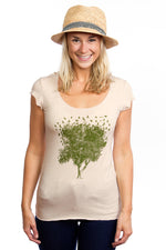 Cream bamboo Tee tshirt Women Green Amazing Lululemon Lole Beautiful Design Bird Tree Raglan