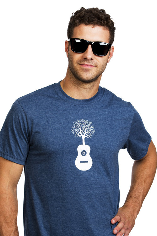 Guitar T- Shirt with a Tree Arbre Guitare Bleu color Blue Organic Made Local